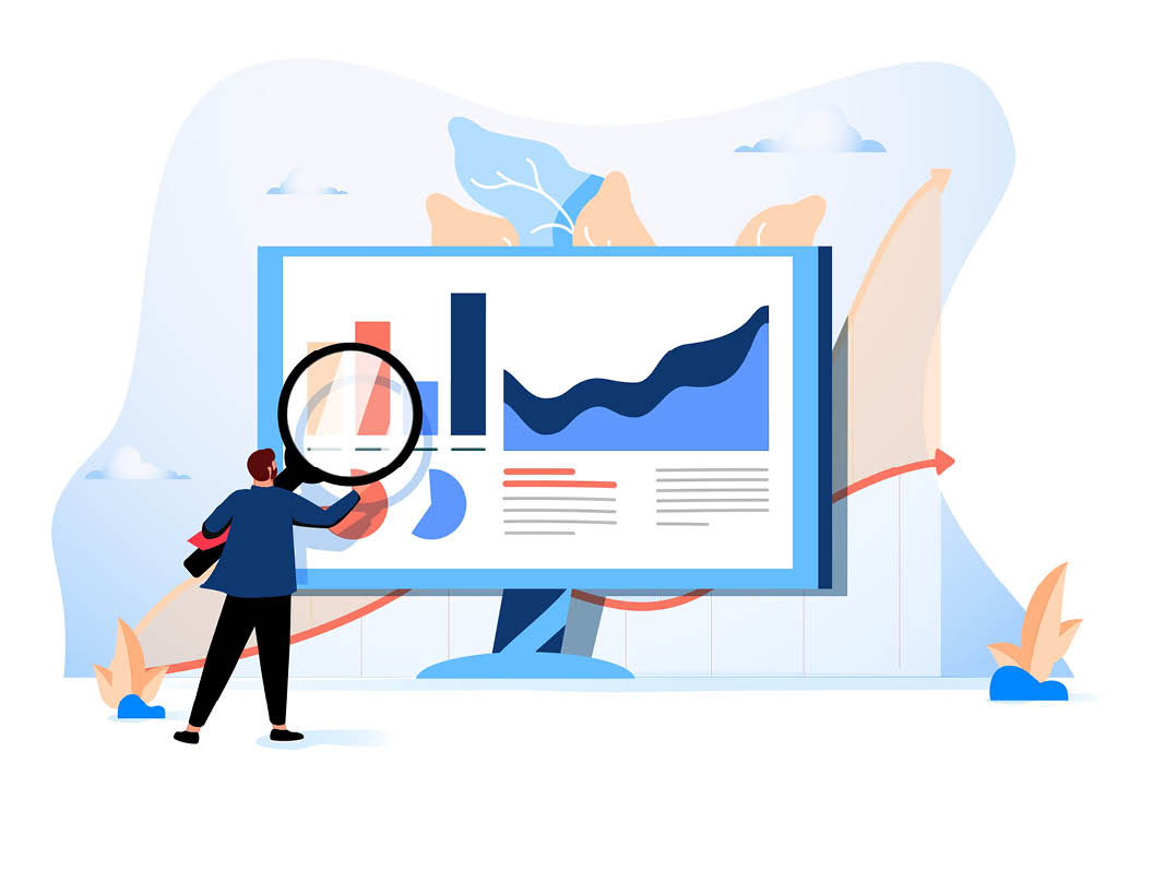 Analyst with loupe looking at diagram or trend on computer screen. Concept of web analytics, statistical analysis of internet data, online statistics. Modern flat illustration for poster.