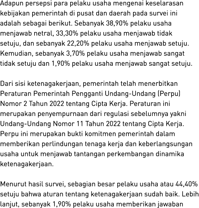 Adapun persepsi para pelaku usaha mengenai keselarasan kebijakan pemerintah di pusat dan daerah pada survei ini adala...