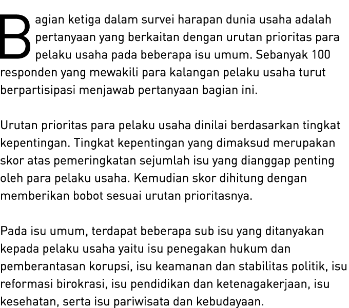 Bagian ketiga dalam survei harapan dunia usaha adalah pertanyaan yang berkaitan dengan urutan prioritas para pelaku u...