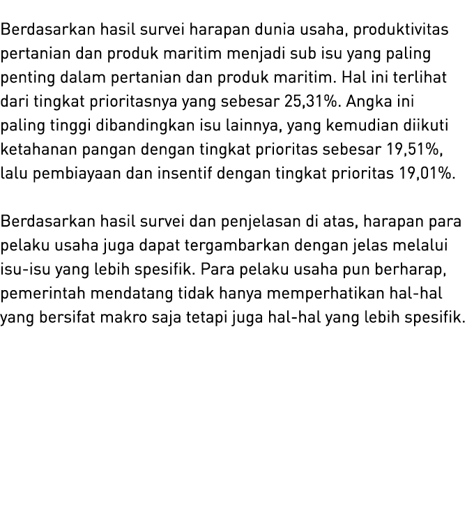 Berdasarkan hasil survei harapan dunia usaha, produktivitas pertanian dan produk maritim menjadi sub isu yang paling ...