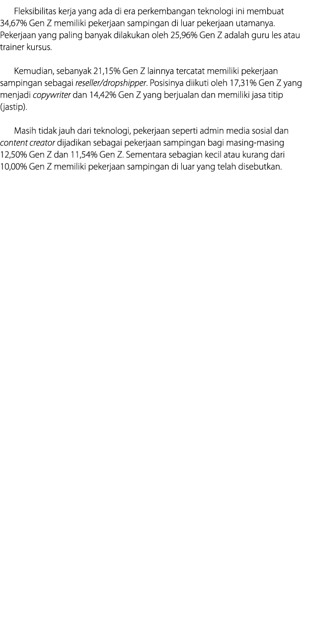 Fleksibilitas kerja yang ada di era perkembangan teknologi ini membuat 34,67% Gen Z memiliki pekerjaan sampingan di l...