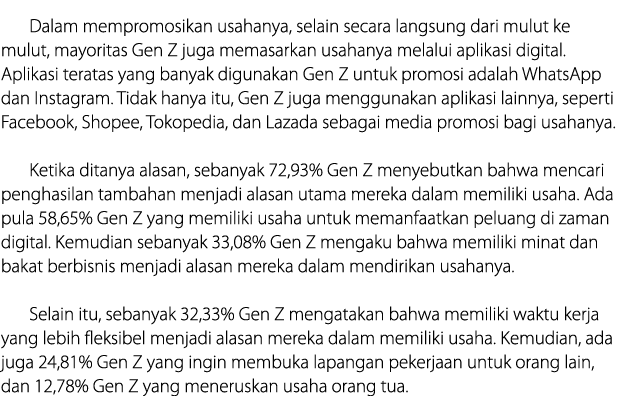 Dalam mempro﻿mosikan usahanya, selain secara langsung dari mulut ke mulut, mayoritas Gen Z juga memasarkan usahanya m...