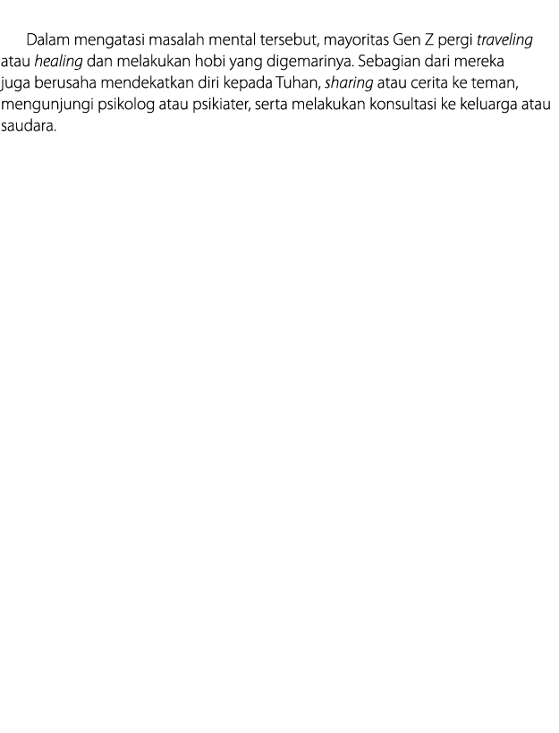  Dalam mengatasi masalah mental tersebut, mayoritas Gen Z pergi traveling atau healing dan melakukan hobi yang digema...