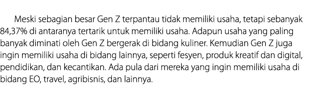  Meski seb﻿agian besar Gen Z terpantau tidak memiliki usaha, tetapi sebanyak 84,37% di antaranya tertarik untuk memil...