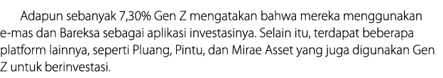 Adapun sebanyak 7,30% Gen Z mengatakan bahwa mereka menggunakan e mas dan Bareksa sebagai aplikasi investasinya. Sela...